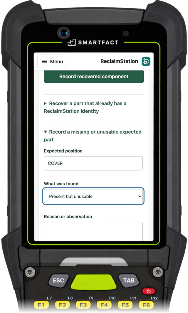 ReclaimStation Recover parts: Record a missing or unusable expected part, with expected position COVER and what was found set to Present but unusable