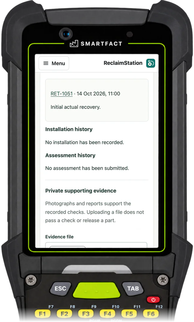 ReclaimStation component record: recovery visit RET-1051, Initial actual recovery, with no installation recorded and no assessment submitted yet