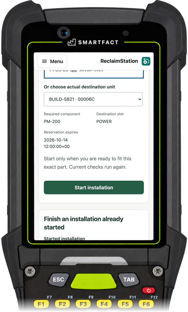 ReclaimStation installation check for destination unit BUILD-5821: required component PM-200, destination slot POWER, the reservation expiry, and Start installation