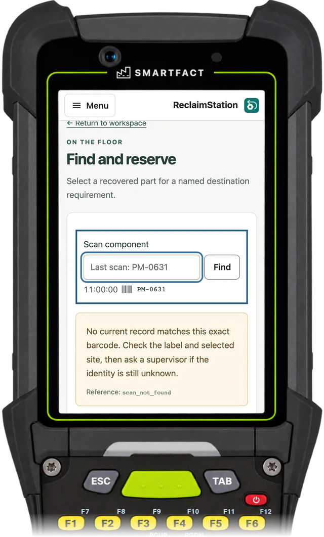 ReclaimStation Find and reserve after PM-0631 was scanned: No current record matches this exact barcode. Check the label and selected site, then ask a supervisor if the identity is still unknown.