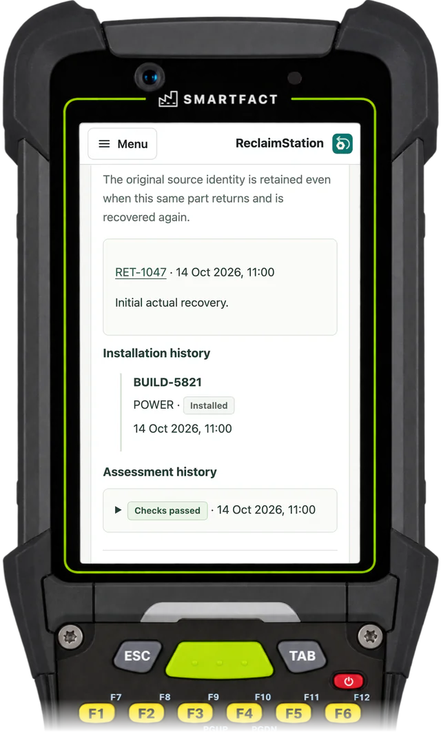 ReclaimStation component record: recovered on return RET-1047, installation history BUILD-5821, POWER, Installed, and assessment history Checks passed