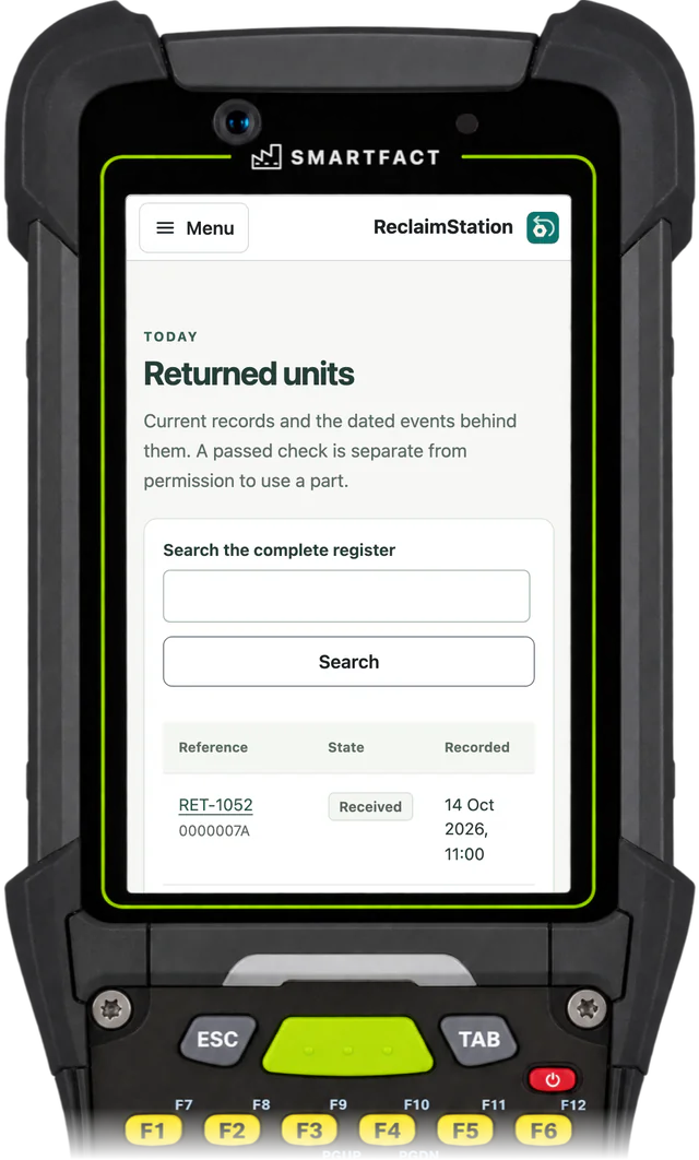 ReclaimStation Returned units list: return RET-1052, state Received, recorded 14 Oct 2026