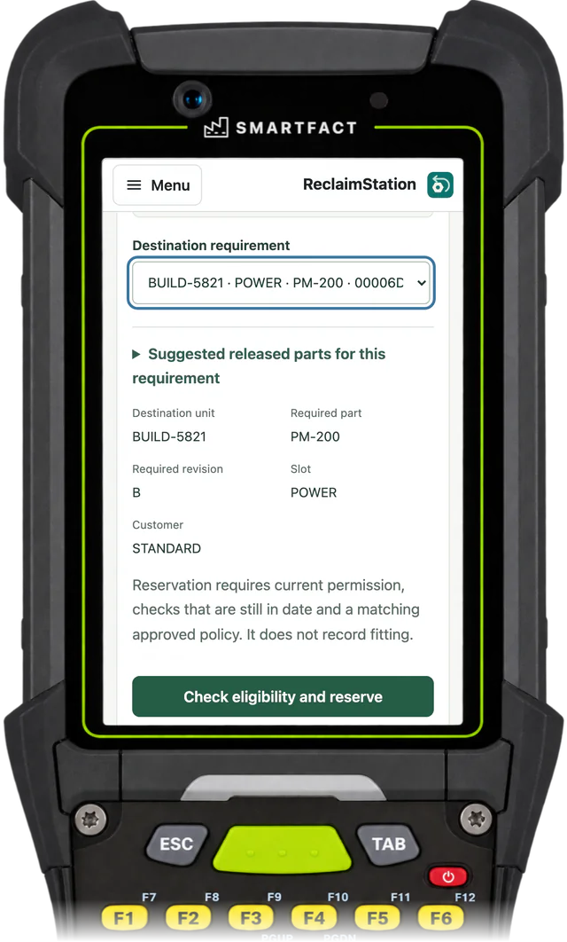 ReclaimStation destination requirement BUILD-5821, POWER, PM-200: required revision B, slot POWER, and a reservation that needs current permission, checks still in date and a matching approved policy, with Check eligibility and reserve