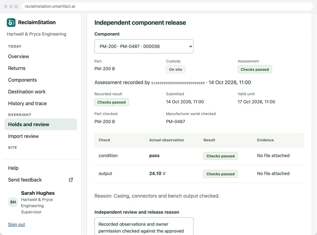 ReclaimStation independent component release for PM-0487: the recorded checks, condition pass and output 24.10 V, and the supervisor's release reason being recorded